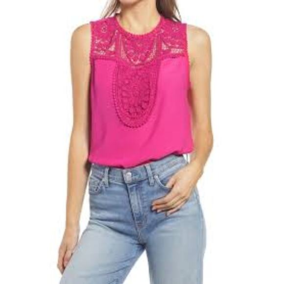 Halogen Womens Top Medium Pink Lace Crepe Stretch Jewel Neck Sleeveless NWOT - Picture 1 of 9